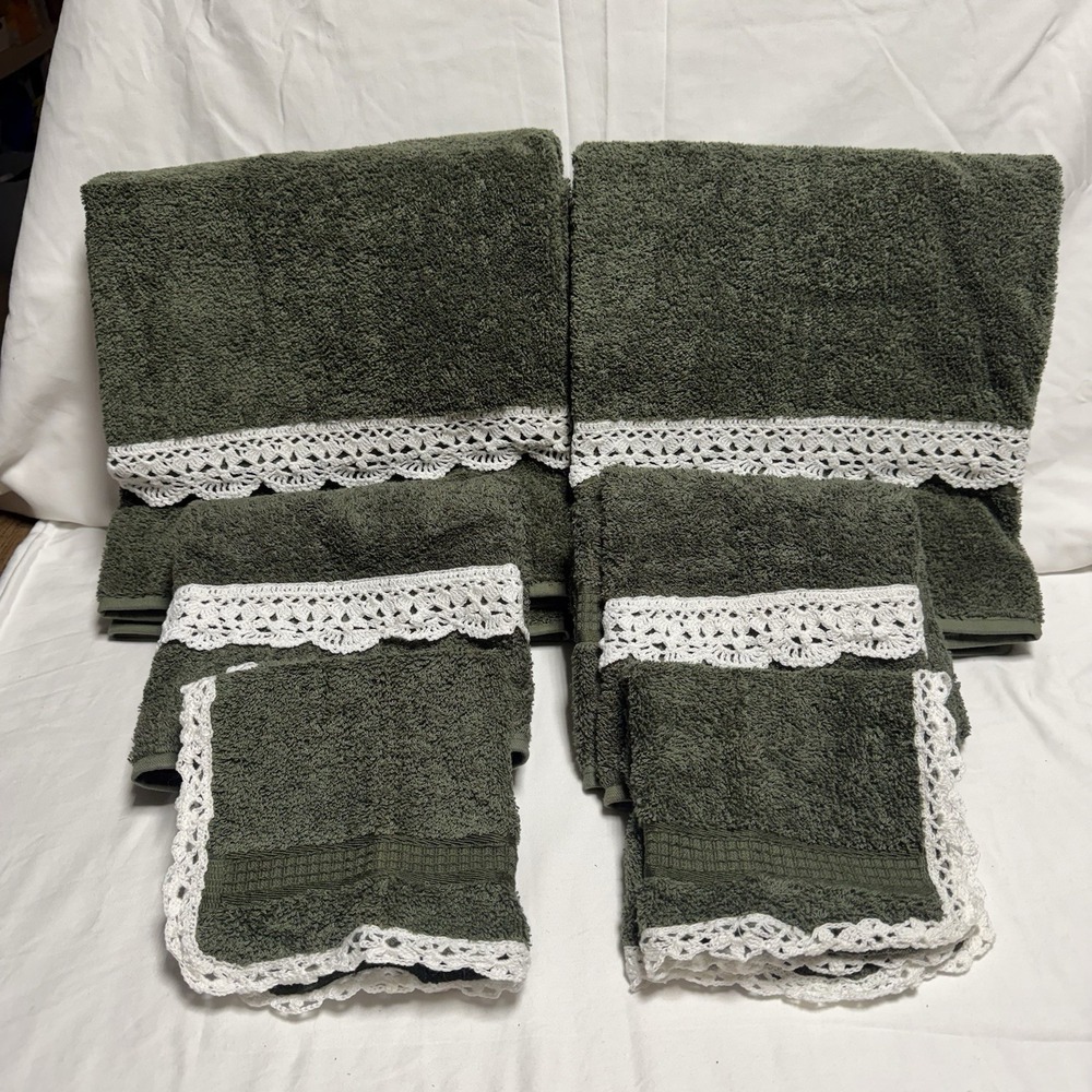 Vintage Spring Maid 6 Pc Towel Dark Green Set With Hand Crochet Accents - New